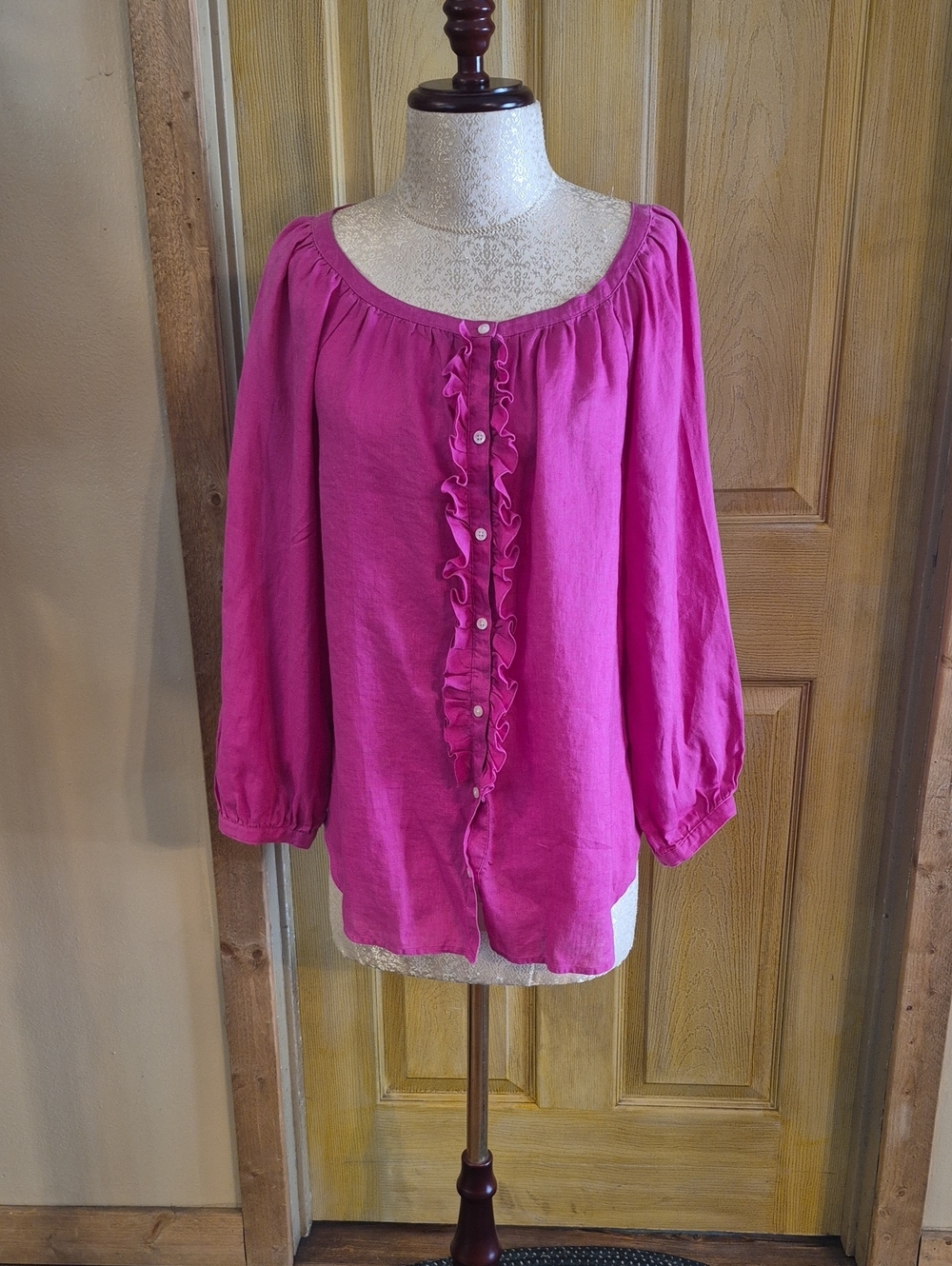 Lauren Ralph Lauren Linen Long Sleeve Button Front Ruffle Front XL Hot Pink